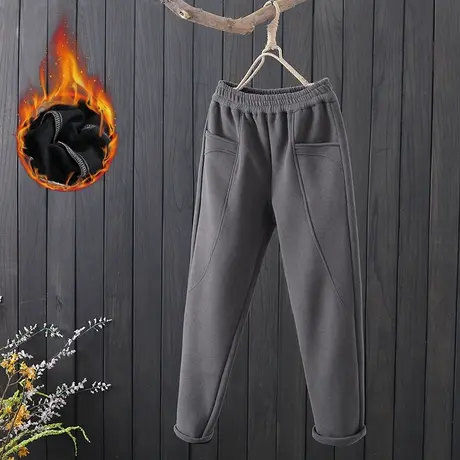 文艺净色拼接女裤加绒保暖休闲裤冬季新款松紧腰哈伦裤小脚卫裤女图片