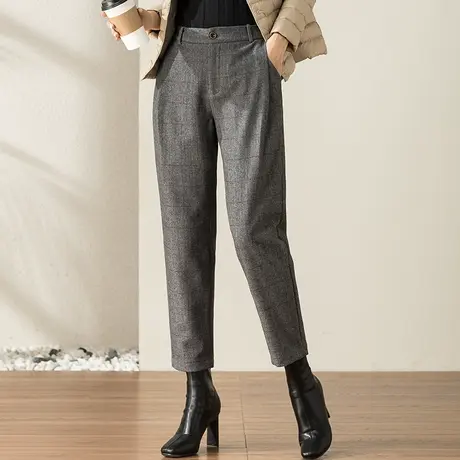 毛呢裤子女秋冬2023新款冬季加厚羊毛女裤大码格子裤萝卜裤哈伦裤商品大图