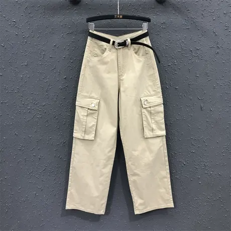 美式卡其色休闲帅气工装裤女2023夏季新款百搭宽松显瘦直筒裤长裤商品大图