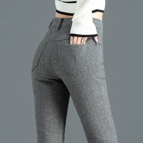 灰色微喇裤子女秋冬季2023年新款高腰加厚人字纹毛呢裤女士喇叭裤图片