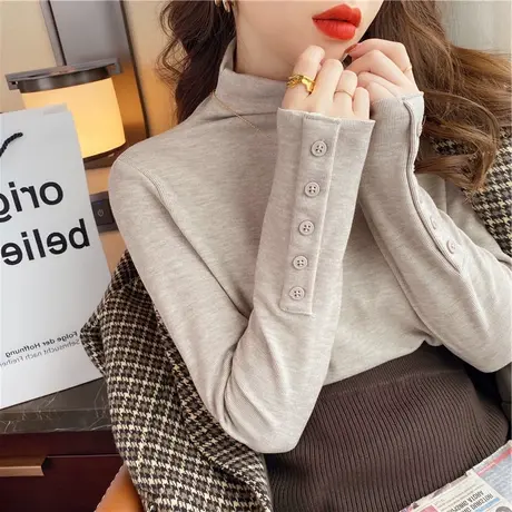 秋冬百搭加厚磨毛双面德绒打底衫女洋气加绒欧货内搭长袖羊绒上衣图片