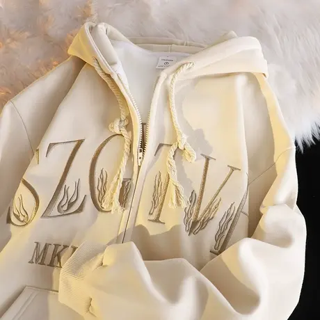 复古港味chic设计感连帽卫衣女秋冬加绒加厚潮牌宽松大码开衫外套图片