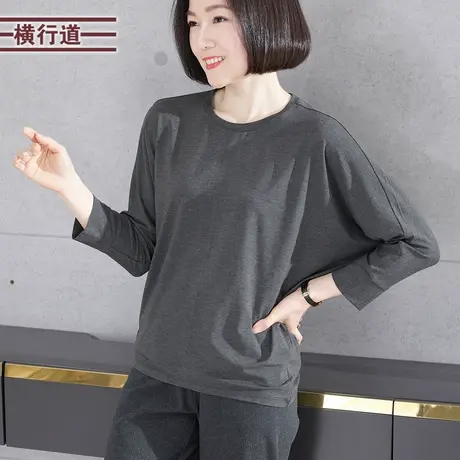 圆领宽松蝙蝠袖七分袖T恤女装2023新款纯色简约休闲中袖上衣大码商品大图