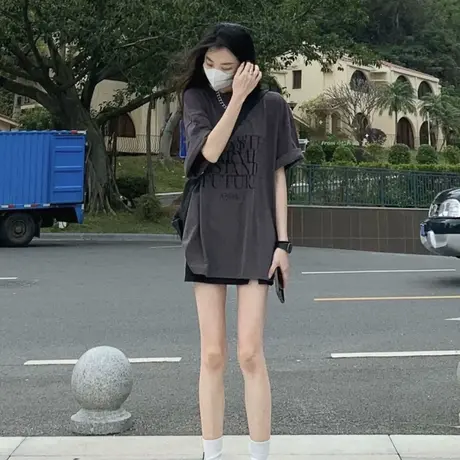 胖mm夏季短袖t恤女微胖设计感小众宽松韩版oversize别致上衣ins潮商品大图