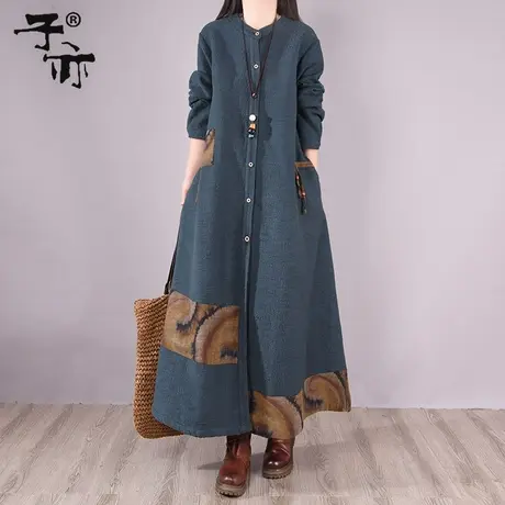 子亦冬装新款宽松长款加绒5码单排扣休闲民族风打底衬衫裙图片