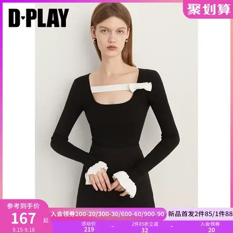 DPLAY2023秋富家千金赫本风黑拼白撞色蝴蝶结荷叶边针织套头毛衣商品大图