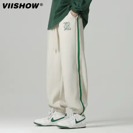 VIISHOW束脚卫裤男秋季条纹宽松潮牌运动裤子高街九分抽绳休闲裤图片