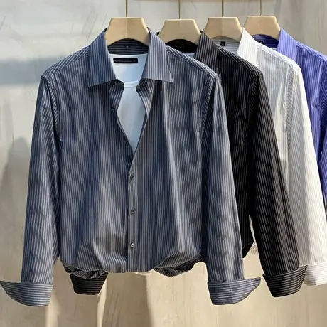 丝光抗皱2023春秋新款男士韩版修身长袖衬衫  微弹力条纹衬衫上衣商品大图