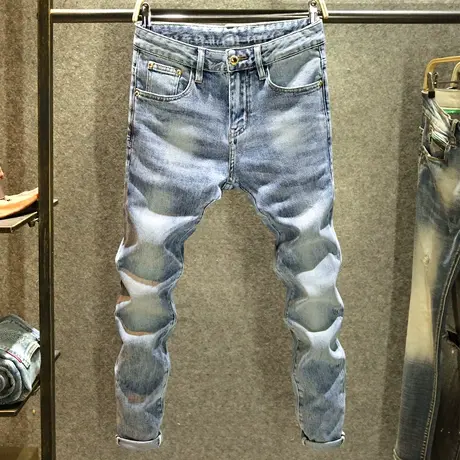 高端蓝色牛仔裤男款时尚百搭轻奢裤子男士潮牌后袋刺绣修身小脚裤商品大图