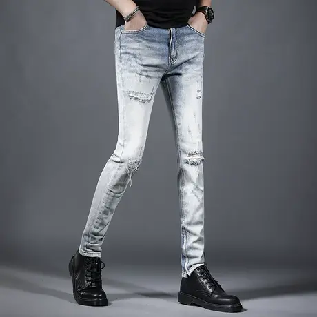 美式高街破洞牛仔裤男夏季2023新款潮牌修身小脚个性潮流男士裤子商品大图