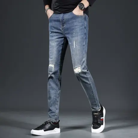 假破洞牛仔裤男修身小脚裤2023新款蓝色秋季男士牛仔裤春秋款潮牌商品大图