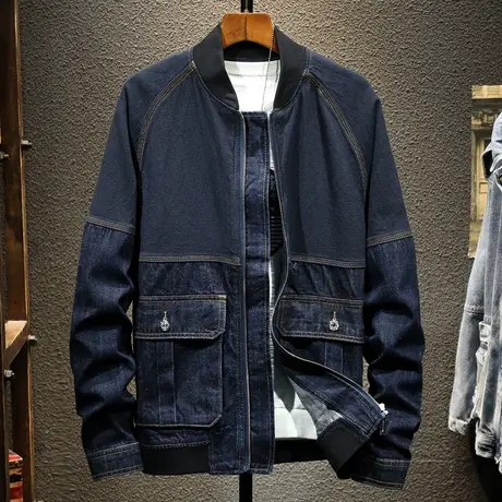 春夏款牛仔外套男复古休闲棒球服领牛仔衣机车夹克上衣潮男褂子男图片