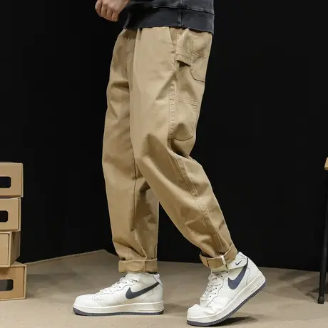 美式工装裤男潮牌春秋宽松直筒束脚男裤休闲工装裤子男新款卡其色商品大图