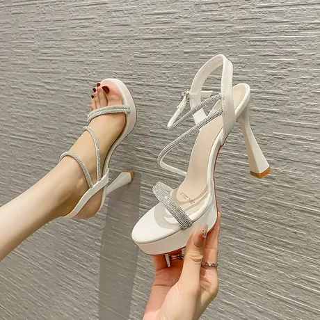 2023年夏季新款水钻一字带高跟鞋女细跟防水台仙女风法式露趾凉鞋商品大图