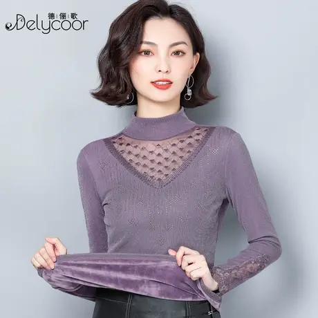 2023新款蕾丝打底衫女秋冬高领洋气内搭网纱上衣加绒加厚保暖小衫商品大图