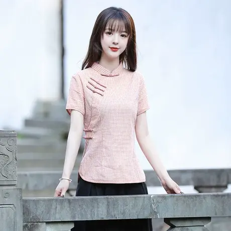 筠雅粉色格子唐装女夏旗袍式上衣茶艺服装女短袖修身民国风女装商品大图
