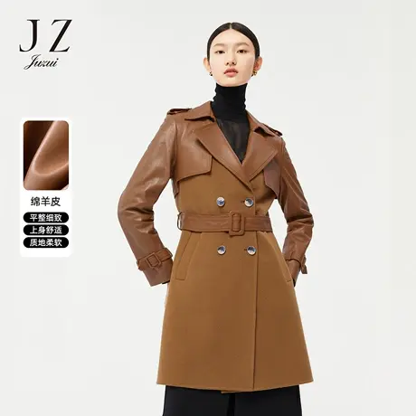 JZ玖姿绵羊皮通勤风2022春季新款平驳领气质收腰版型中长款皮衣女图片