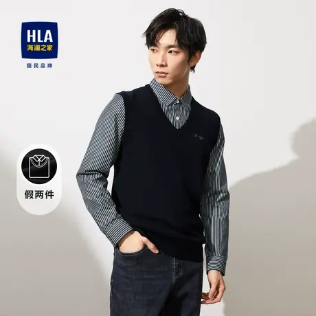 HLA/海澜之家时尚条纹双领针织衫23秋季新款修身绣花假两件毛衣男商品大图