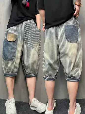 复古做旧条纹拼接牛仔六分裤女士贴布大口袋宽松洋气五分哈伦短裤商品大图