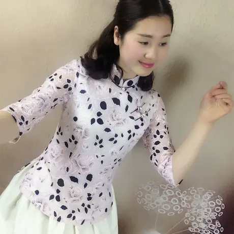 夏秋季复古改良七分袖盘扣短款旗袍上衣中国风修身显瘦蕾丝唐装女商品大图