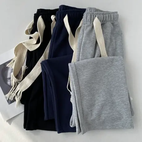 设计感粗绳系带运动裤女春秋季2023新款高腰百搭宽松直筒阔腿卫裤商品大图