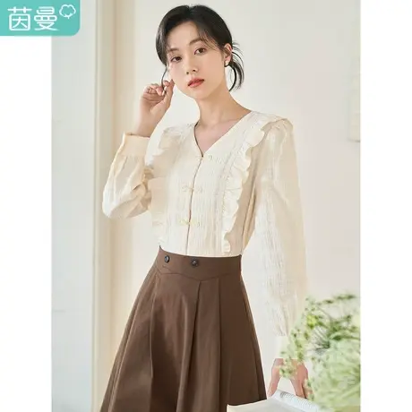 茵曼新中式衬衫女春装2023装新款时尚盘扣V领拼接宽松木耳边衬衣商品大图