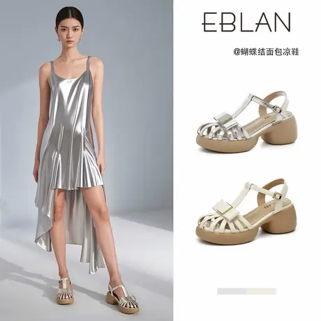 EBLAN/伊伴包头镂空凉鞋女2025夏季新款蝴蝶结高跟厚底女士罗马鞋图片