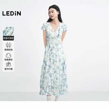 乐町插画师图案捏褶小灯笼袖连衣裙女2025年夏季新款V领修身裙子图片