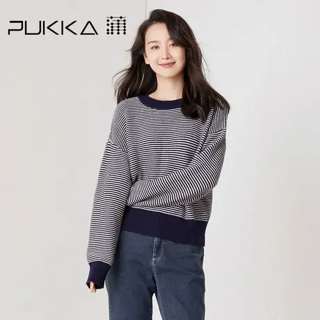 蒲PUKKA 毛衣女宽松圆领条纹毛衣针织衫秋冬季打底上衣商场同款图片