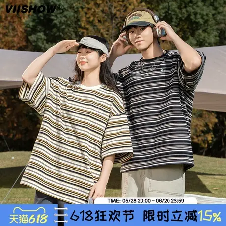 VIISHOW复古撞色条纹短袖T恤男夏季情侣休闲宽松美式复古半袖男商品大图