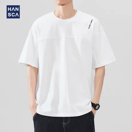 hansca 夏季纯棉短袖T恤男2025新款宽松刺绣压褶时尚拼接白色上衣商品大图