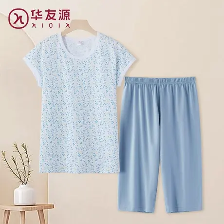 睡衣女夏季薄款纯棉短袖七分裤夏天中年妈妈圆领套头可外穿家居服商品大图