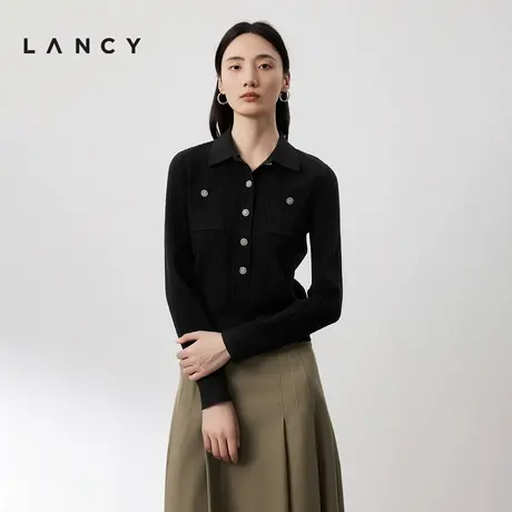 LANCY/朗姿2024春季新款长袖收腰羊毛针织衫女简约休闲洋气POLO衫图片