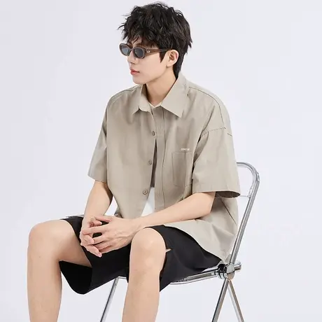 唐狮2025夏季男短袖衬衫简约纯色翻领开衫上衣日系工装衬衣潮6.9商品大图