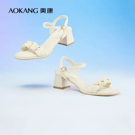 奥康女鞋 夏季新款时尚气质褶皱一字带粗跟凉鞋甜美百搭女凉图片