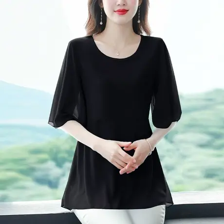 大码中长款雪纺衫女夏季2023年新款洋气宽松显瘦遮肚子中年妈妈装商品大图