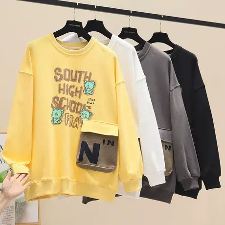 春秋小熊口袋卫衣女韩版薄款学生宽松圆领胖mm洋气大码拼接上衣潮商品大图