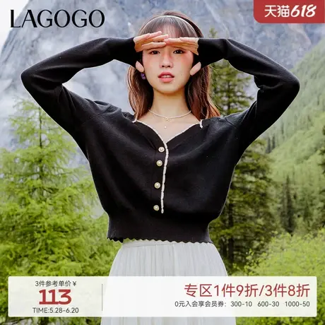 LAGOGO精致方领黑色显瘦舒适长袖女拉谷谷复古优雅针慵懒织衫商品大图