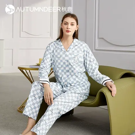 秋鹿【门店同款】格纹可外穿套装简约经典纯棉家居服女舒适睡衣春商品大图