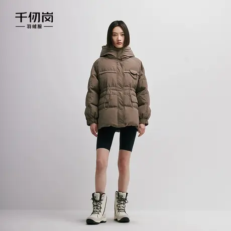 千仞岗冬季女士连帽加厚中长款羽绒服腰部抽绳显瘦商品大图