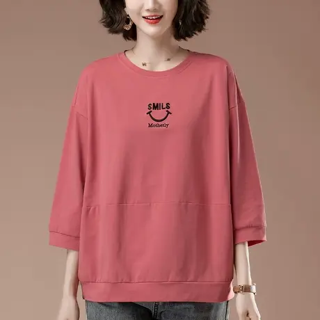 春秋新款七分袖t恤女加肥加大码女装宽松纯棉中年妈妈中袖女上衣商品大图