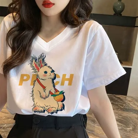 胖mm白色V领设计感t恤女夏季大码纯棉新款短袖ins潮遮肚上衣藏肉图片