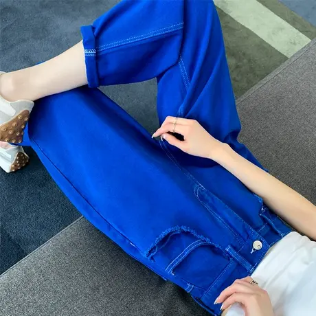克莱因蓝牛仔裤女2023年新款春秋季宝蓝色裤子哈伦裤小个子老爹裤商品大图