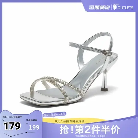 百思图2025夏季新款时尚潮流通勤一字带细高跟女凉鞋F2216BL5图片