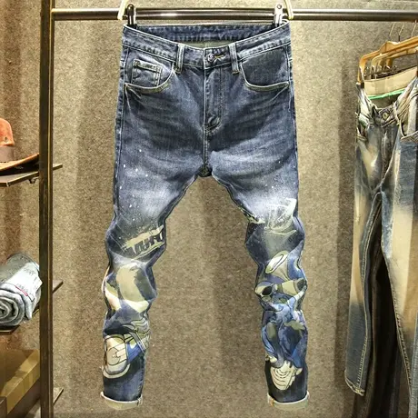 高端印花涂鸦潮牌牛仔裤男秋冬款潮流泼墨休闲百搭帅气修身小脚裤商品大图