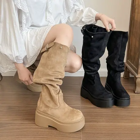 厚底百搭长筒靴女2025新款秋季气质小个子长靴绒面增高显瘦堆堆靴商品大图