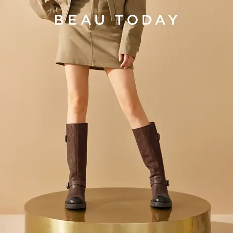BeauToday棕色长筒靴女新款复古时装靴女BT高筒骑士靴女真皮靴子商品大图