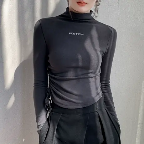 套手指半高领印花长袖T恤女2025秋季新款磨毛修身内搭打底衫上衣图片