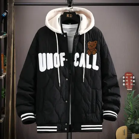 棉衣男秋冬季薄款黑色流行连帽外套防风保暖面包服大童初高中生潮商品大图