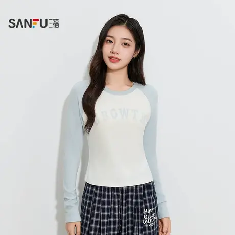 三福女秋季美高学院风插肩袖英文单衣 修身显瘦长袖上衣507222商品大图